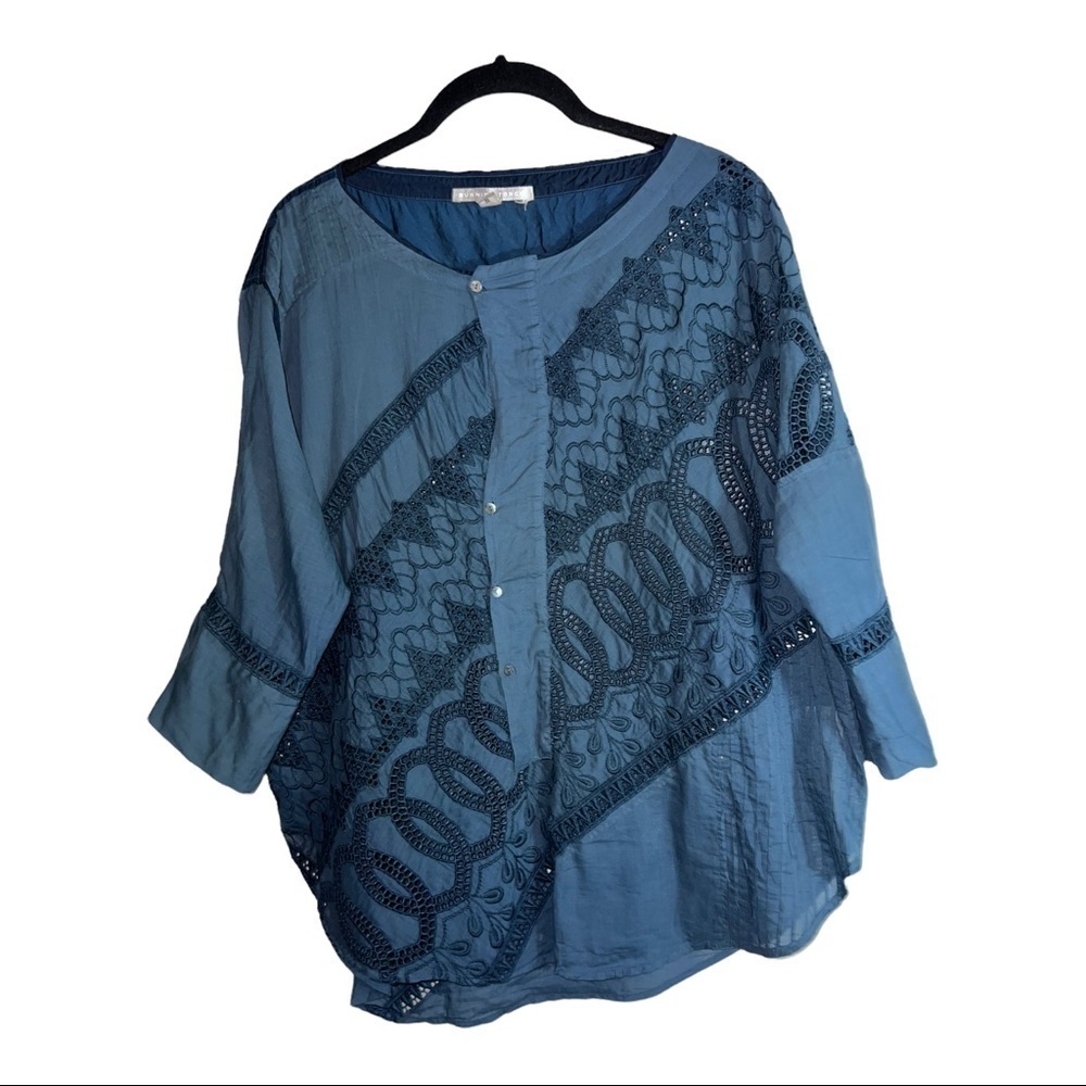 BURNING TORCH 100% Cotton Embroidered Button Down 3/4 Sleeve Dolman Blouse